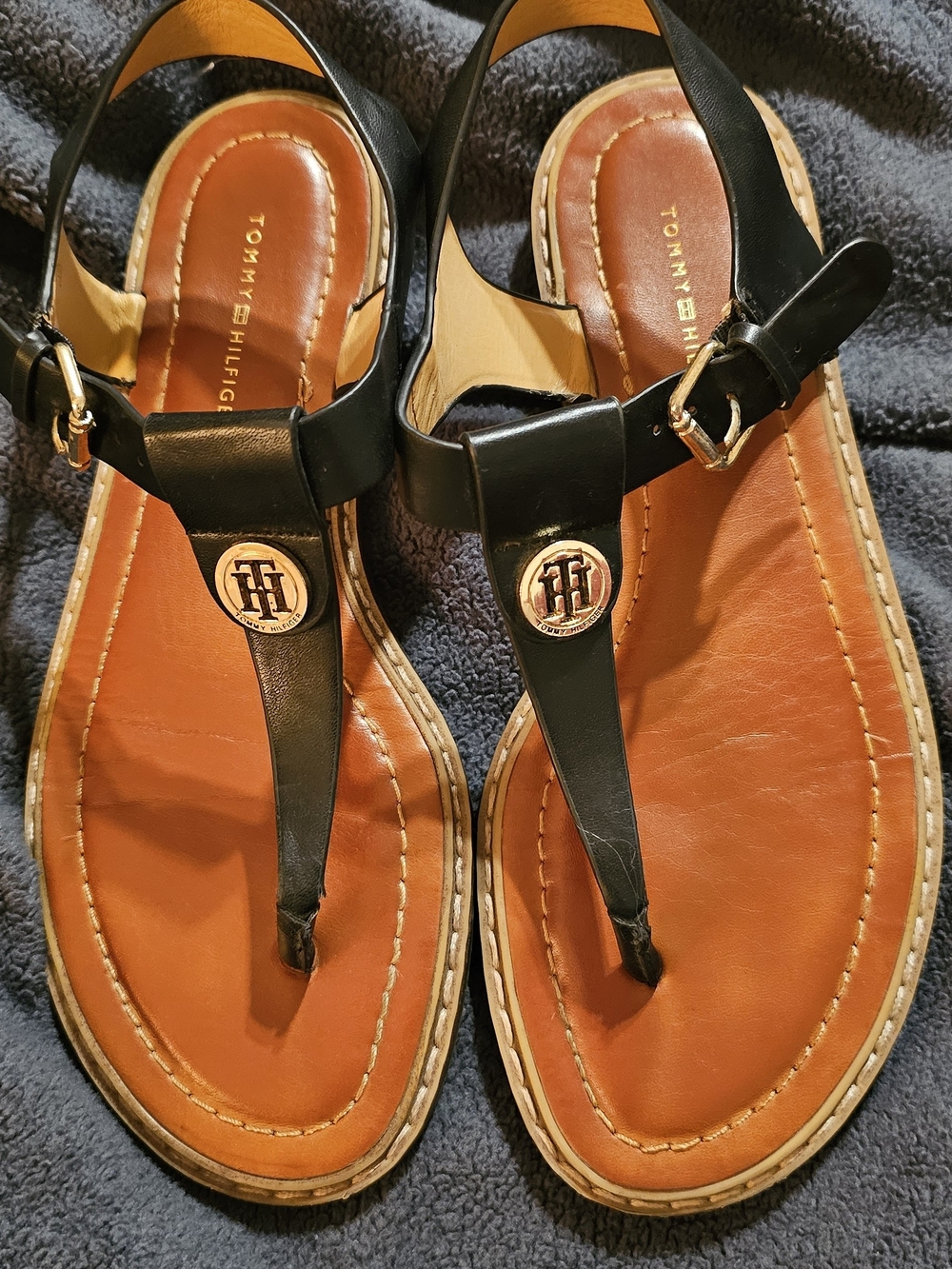 Tommy Hilfiger Black and Tan Leather T-Strap Sandals